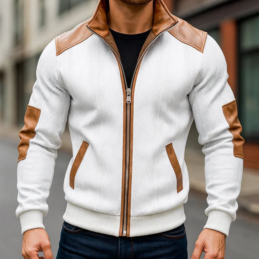 Men’s Knitted Cotton Jacket with Leather Accents and Fleece Lining