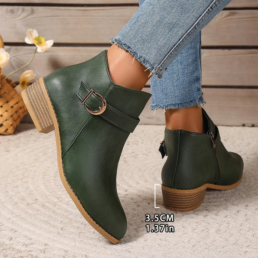 Women's Comfortable Chunky Heel Leather Ankle Boots