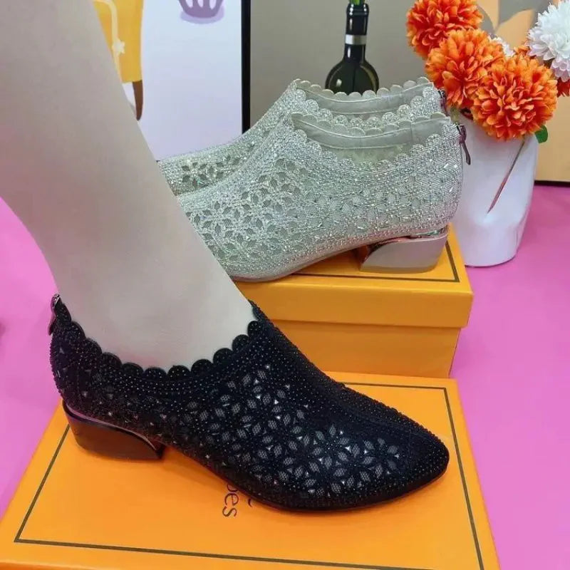 Women’s Autumn Mesh Sparkle Thick-Heel Slip-On Shoes