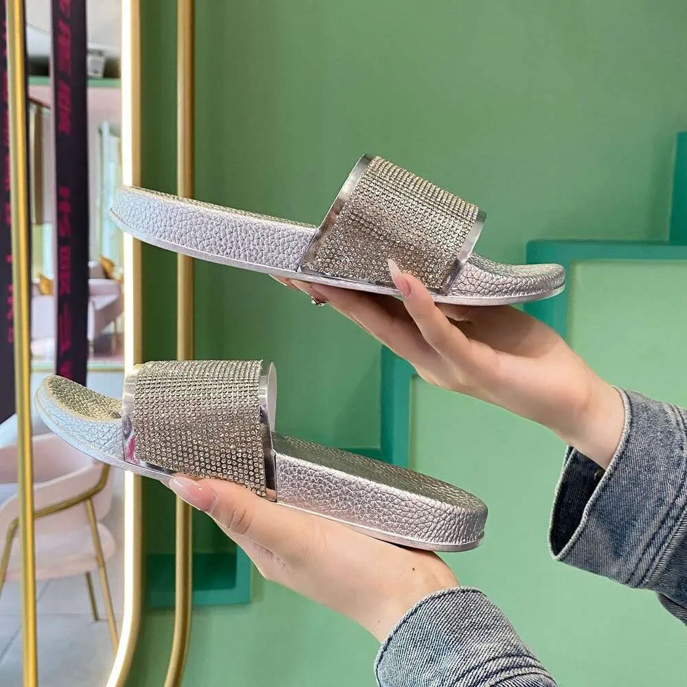 Women’s Rhinestone Patent-Effect Thick-Soled Slide Slippers