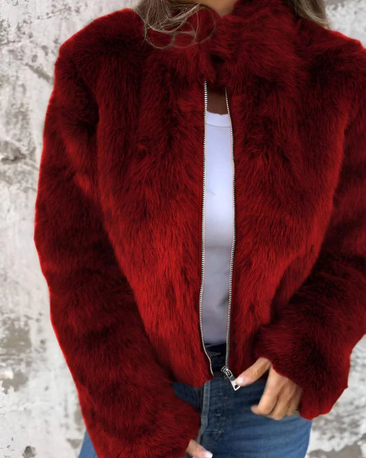 Women’s Stand Collar Faux Fur Zip Jacket