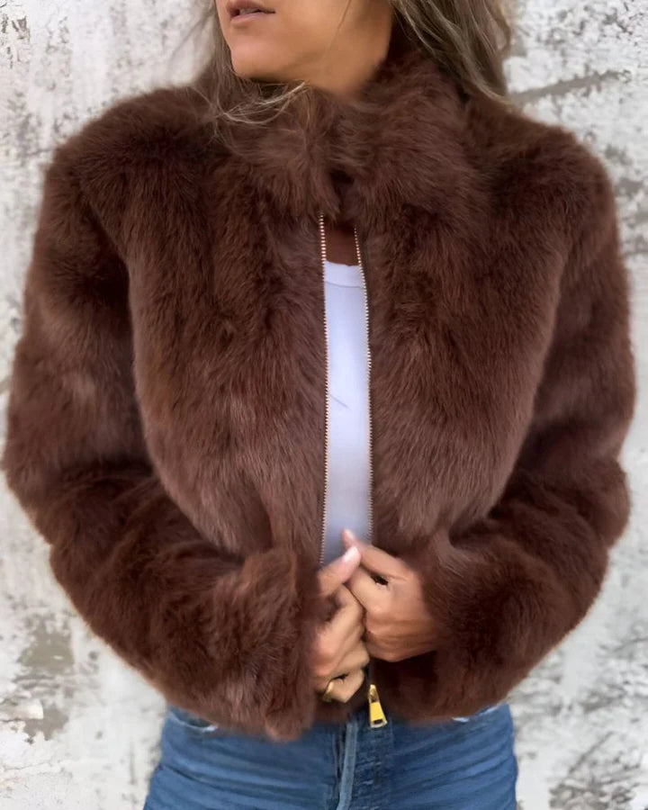 Women’s Stand Collar Faux Fur Zip Jacket