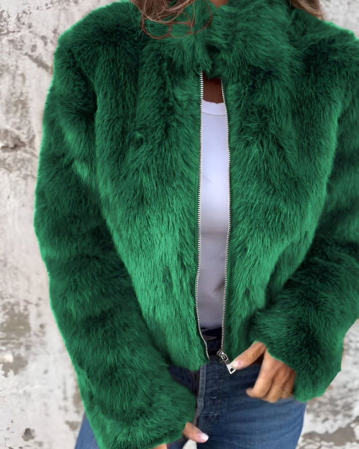 Women’s Stand Collar Faux Fur Zip Jacket