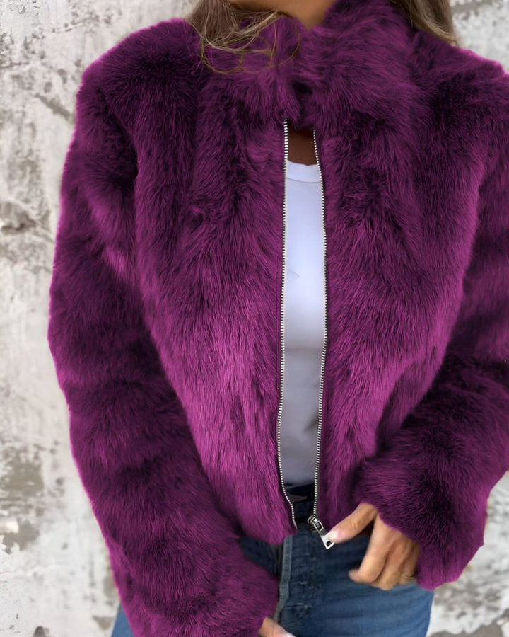 Women’s Stand Collar Faux Fur Zip Jacket