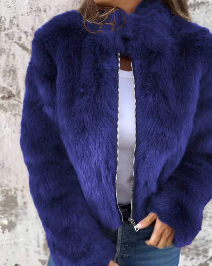Women’s Stand Collar Faux Fur Zip Jacket