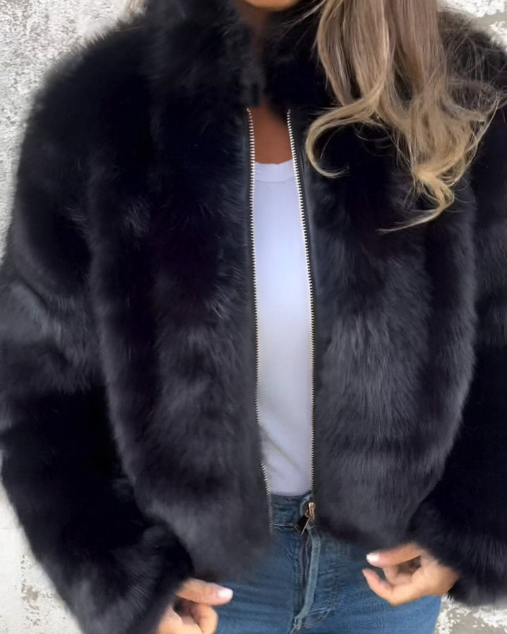Women’s Stand Collar Faux Fur Zip Jacket