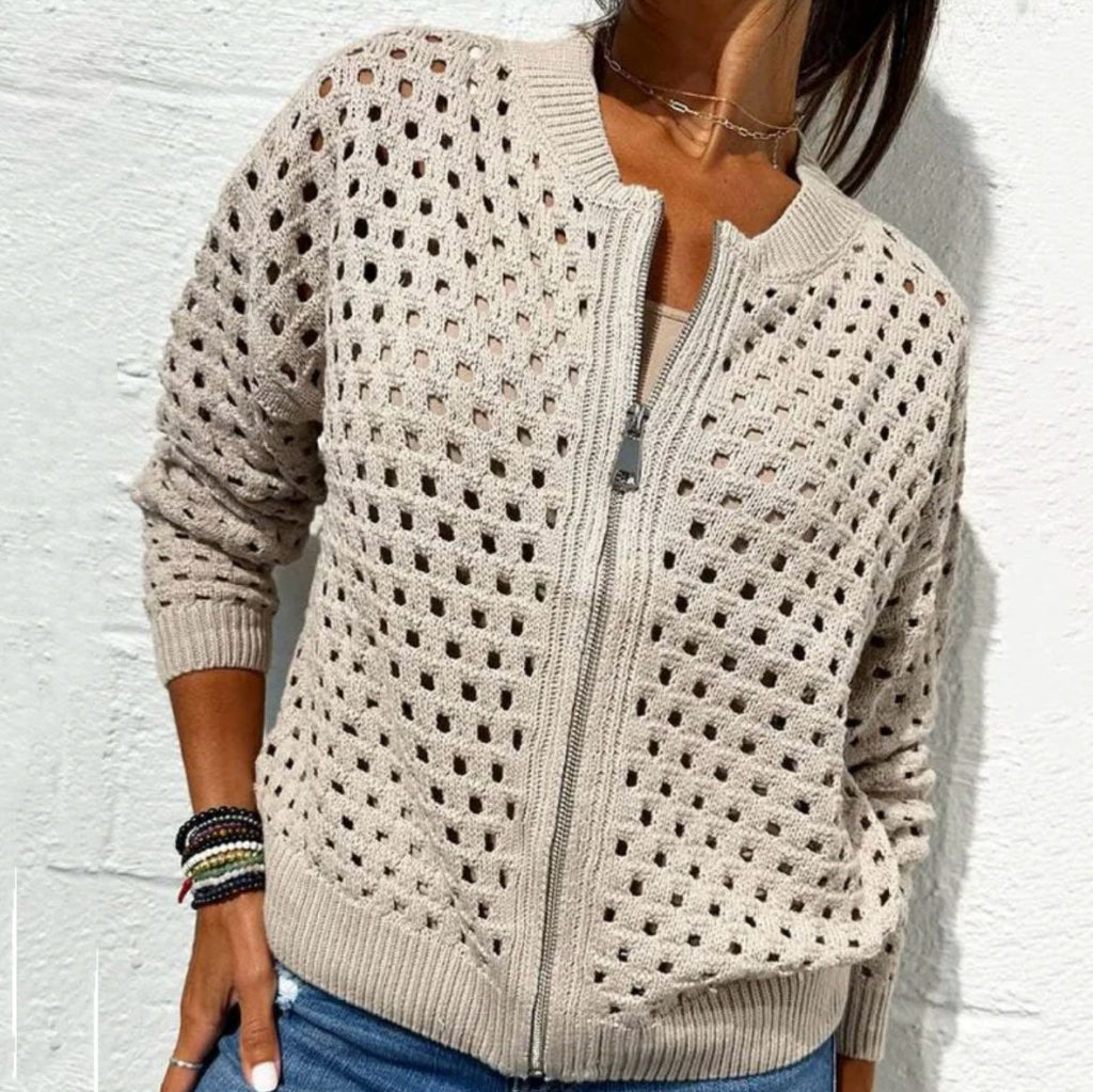 Women's Casual Zipper Knit Jacket with Hollow Design