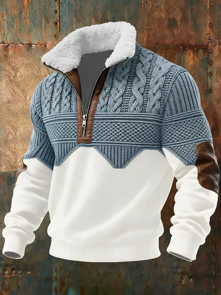 Pull en maille torsadée contrastée à demi-zip pour homme