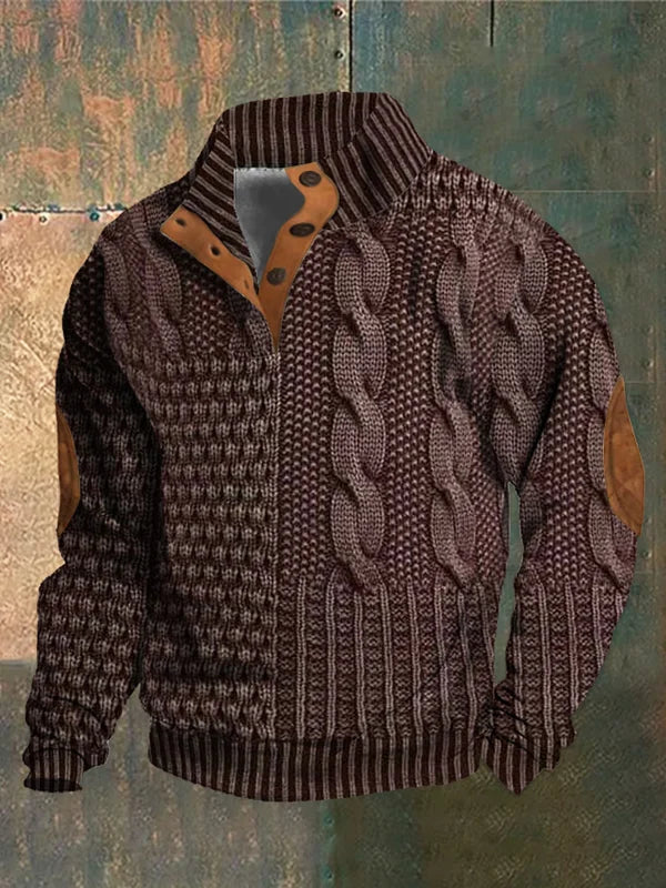 Men’s Button Collar Patchwork Cable Knit Jumper