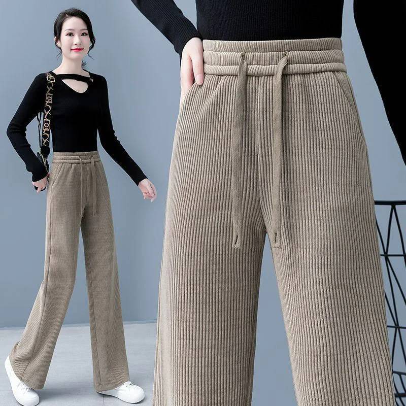 Women’s Ribbed Velvet Wide-Leg Drawstring Trousers