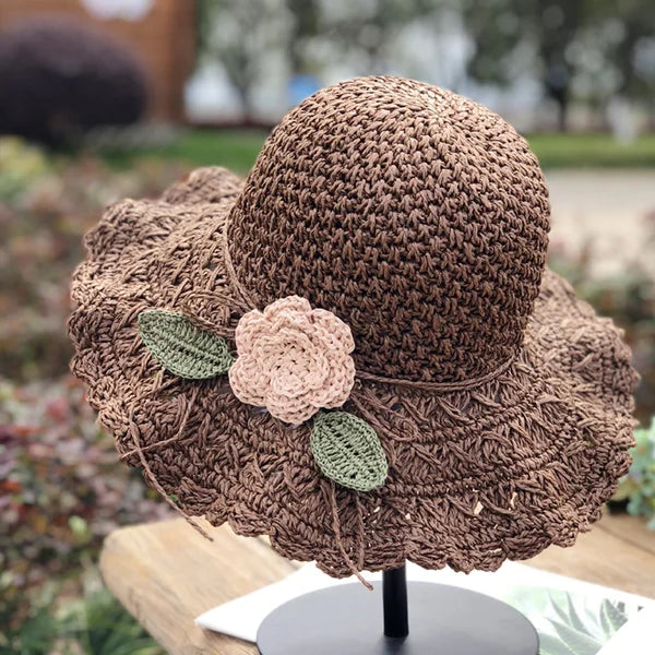 Handmade Elegant Crochet Straw Hat with Ruffle Detail
