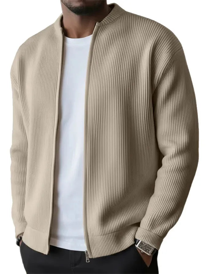 Men’s Ribbed Stand Collar Waffle Knit Button-Up Cardigan Jacket