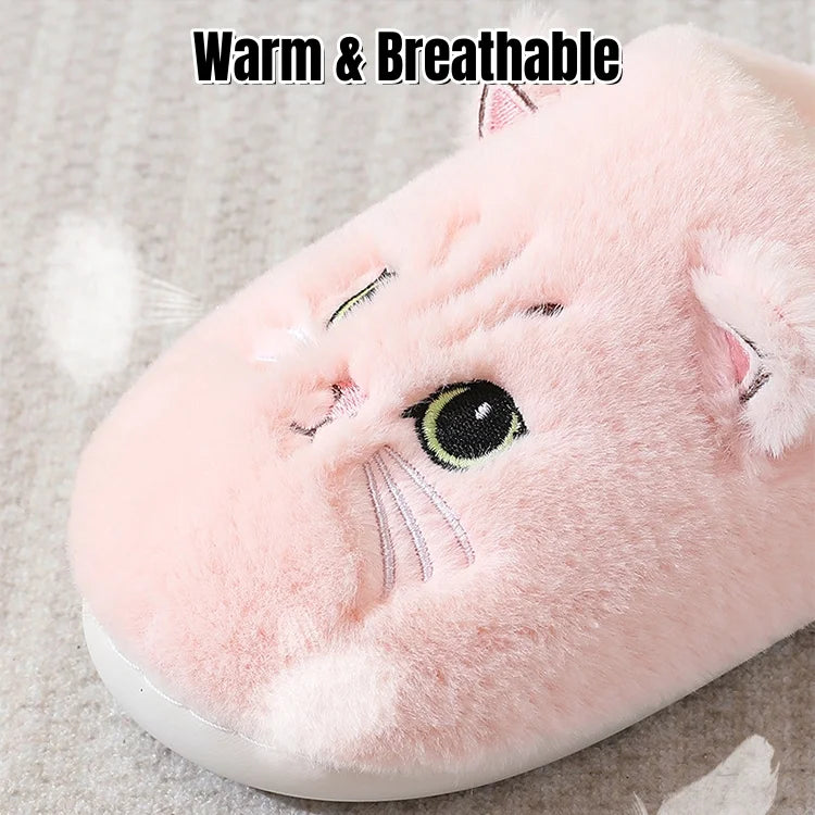 Women’s Cat Face Plush Fleece-Lined House Slippers