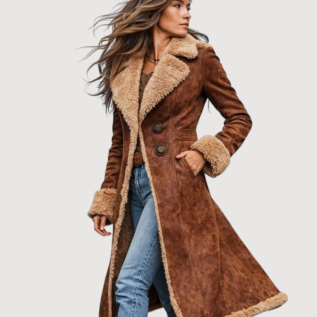 Women’s Longline Shearling-Trim Suede-Look Winter Coat