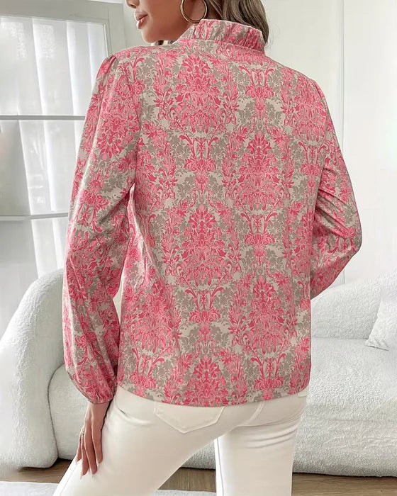 Women’s Printed Ruffled Collar Long Sleeve Blouse