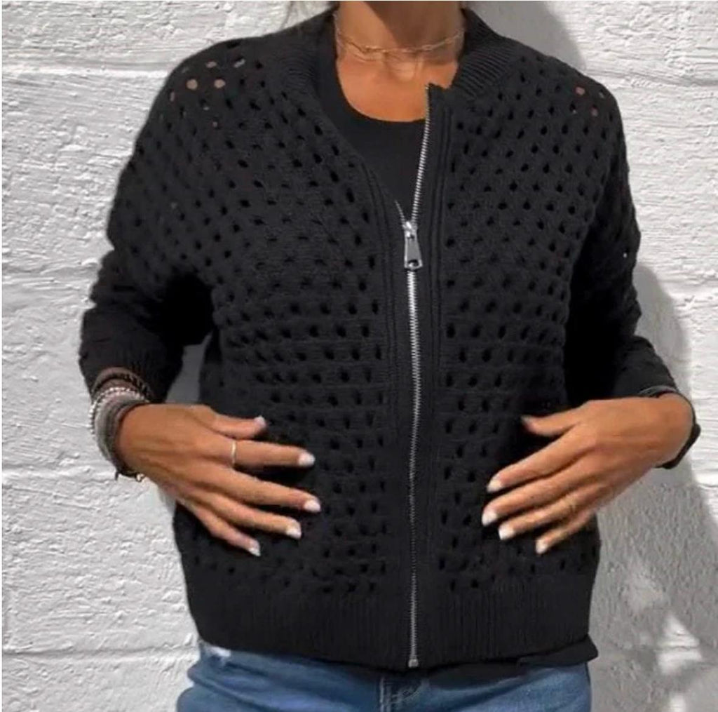 Women's Casual Zipper Knit Jacket with Hollow Design