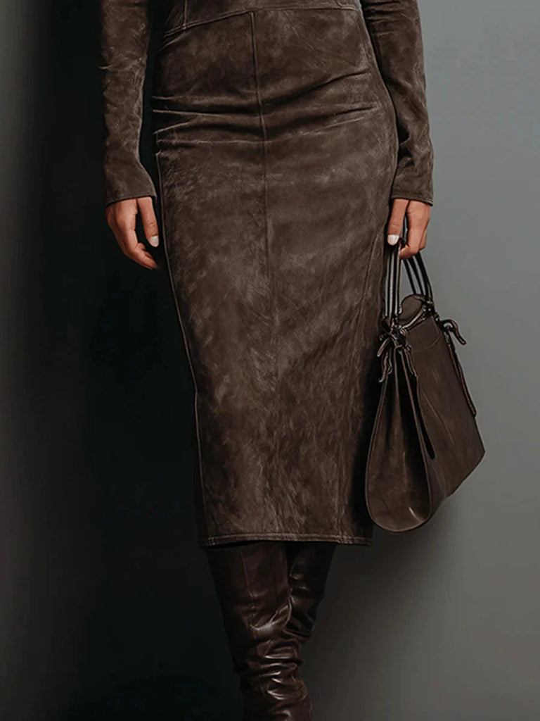 Women’s High Neck Suede-Effect Long-Sleeve Midi Dress