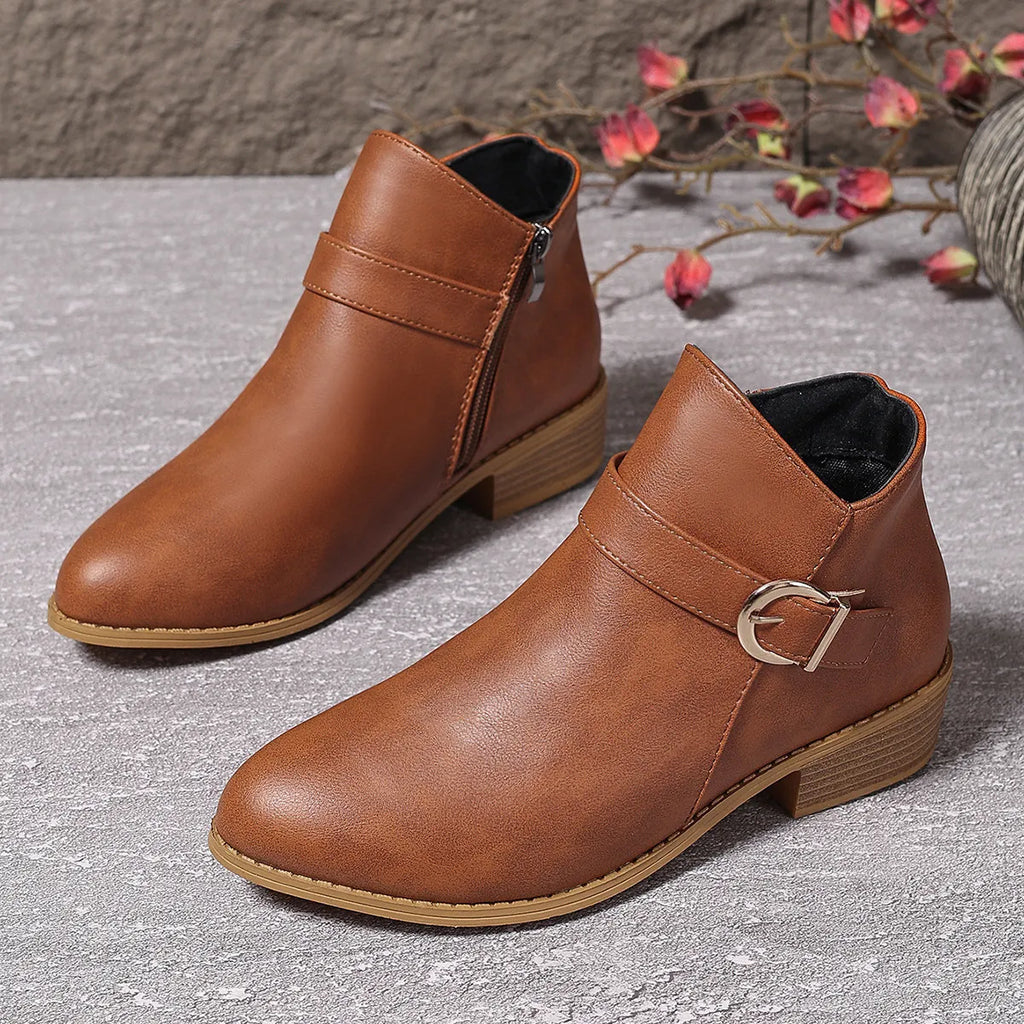 Women's Comfortable Chunky Heel Leather Ankle Boots