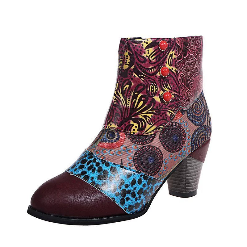 Women’s Patchwork Print Side Zip Ankle Boots