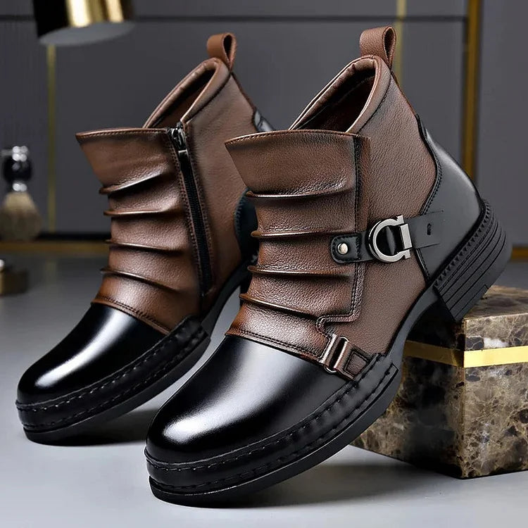 Men’s Genuine Leather Buckle-Detail Ankle Boots