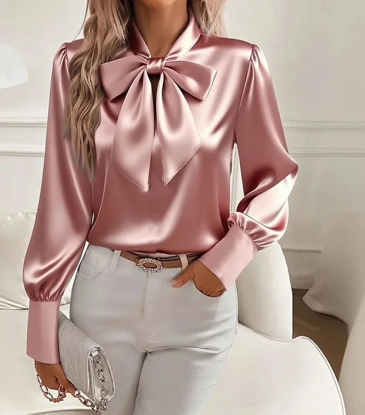 Women’s Satin Bow-Tie V-Neck Blouse