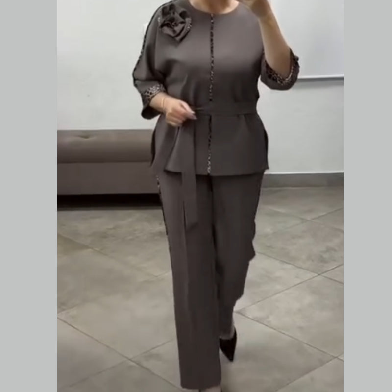 Women’s Leopard-Trim Belted Wide-Leg Suit Set