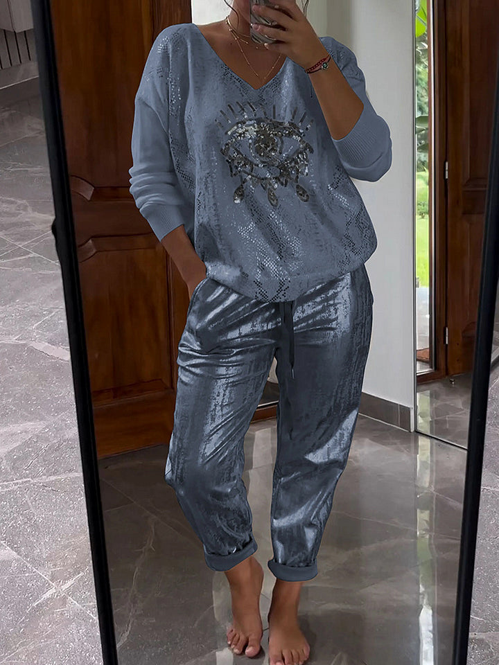 Women’s Metallic Lounge Two Piece Set with V Neck Top