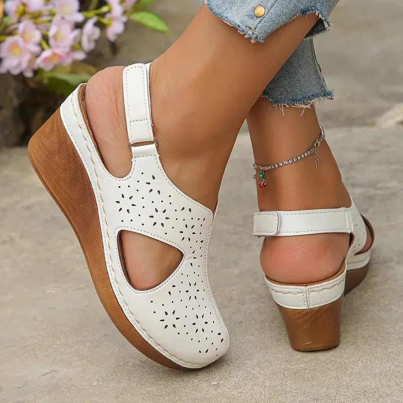White Cut-Out Slingback Wedge Sandals