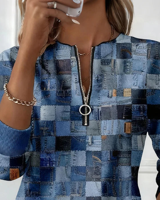 Women’s Mid-Length Plaid Zip-Neck Sweatshirt