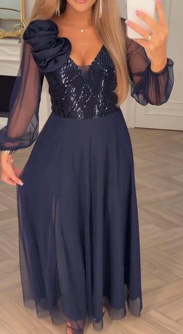 Women’s Sequin Bodice Sheer-Sleeve Floral Detail Evening Maxi Dress