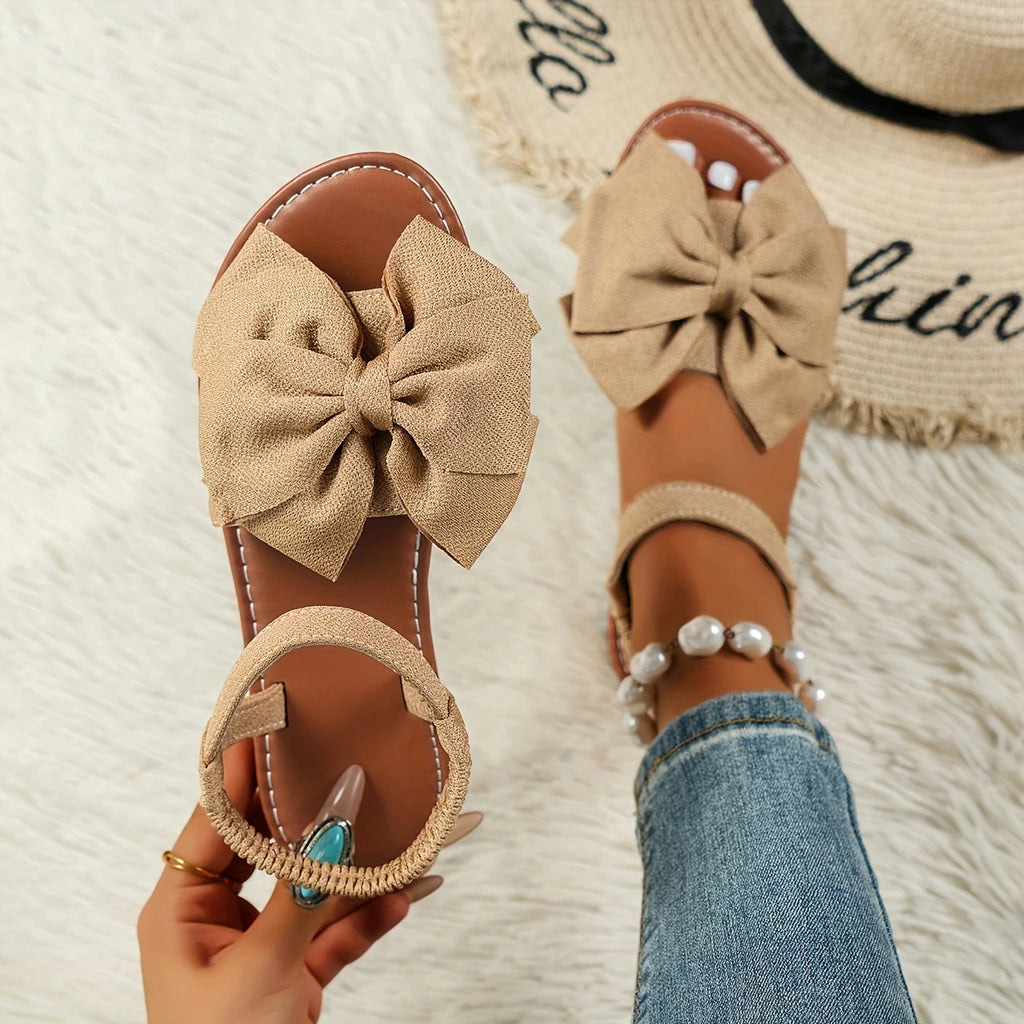Women's Black Bow Flat Sandals - Comfortable Slip-On Summer Shoes