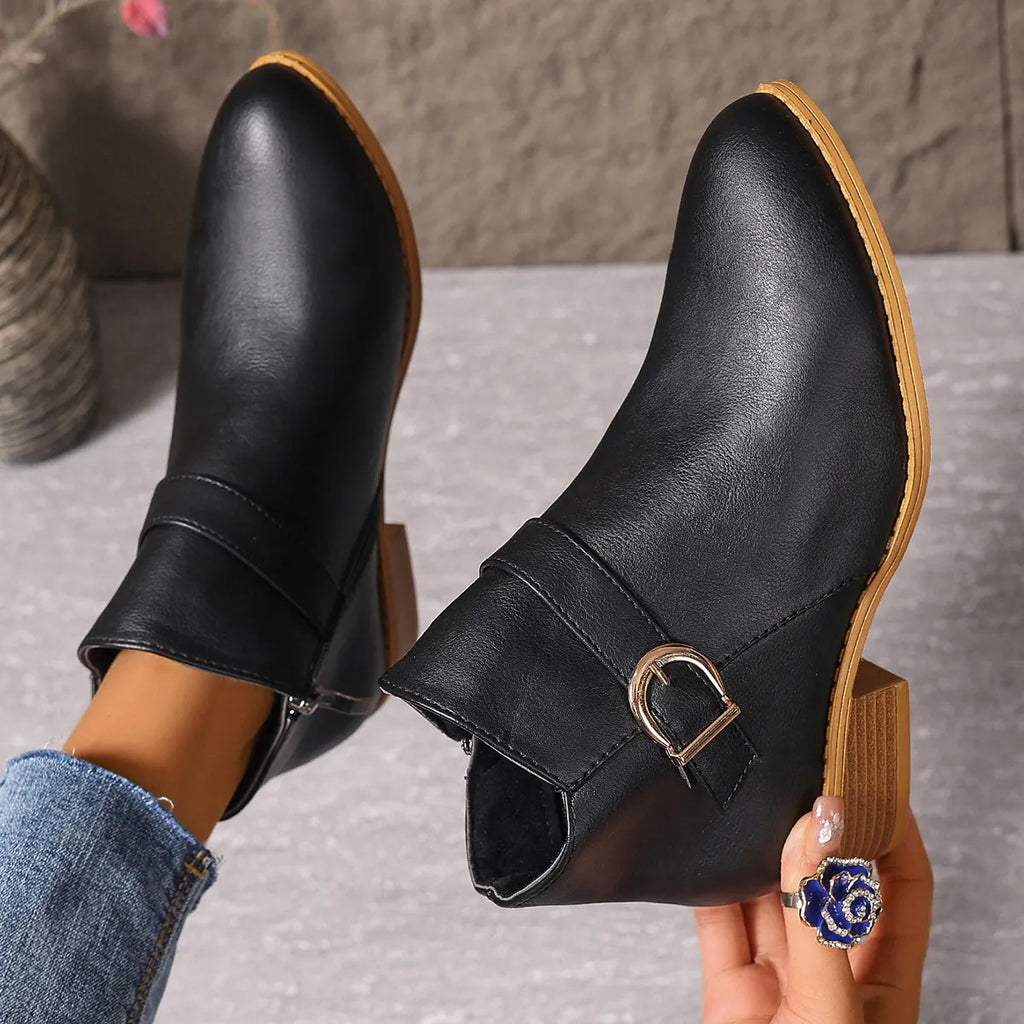 Women's Comfortable Chunky Heel Leather Ankle Boots