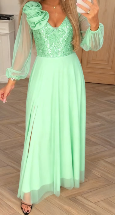 Women’s Sequin Bodice Sheer-Sleeve Floral Detail Evening Maxi Dress