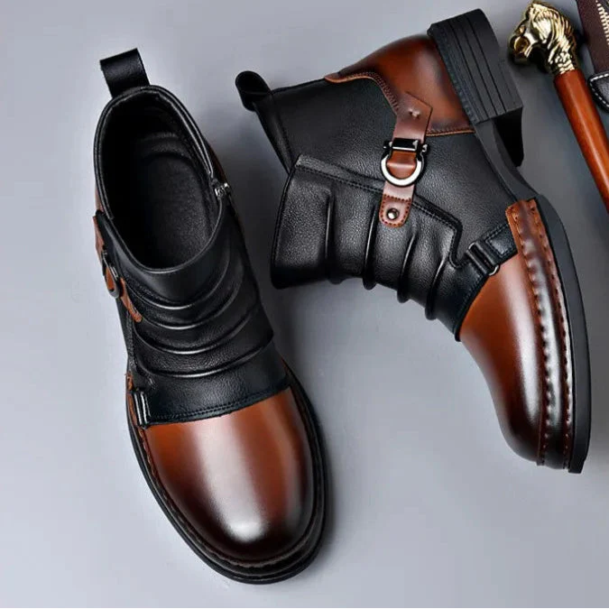 Men’s Genuine Leather Buckle-Detail Ankle Boots