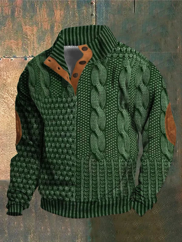 Men’s Button Collar Patchwork Cable Knit Jumper