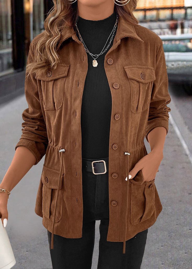 Women’s Dark Coffee Drawstring Corduroy Utility Shirt Jacket
