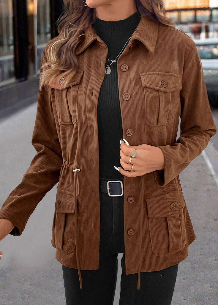 Women’s Dark Coffee Drawstring Corduroy Utility Shirt Jacket