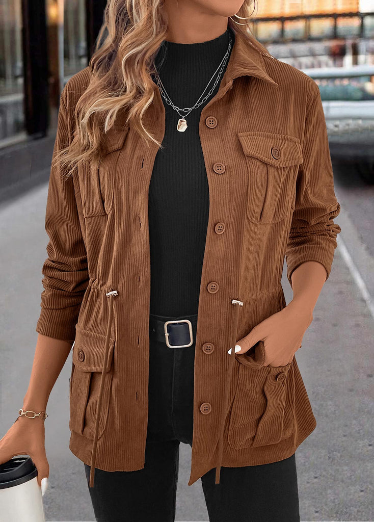 Women’s Dark Coffee Drawstring Corduroy Utility Shirt Jacket