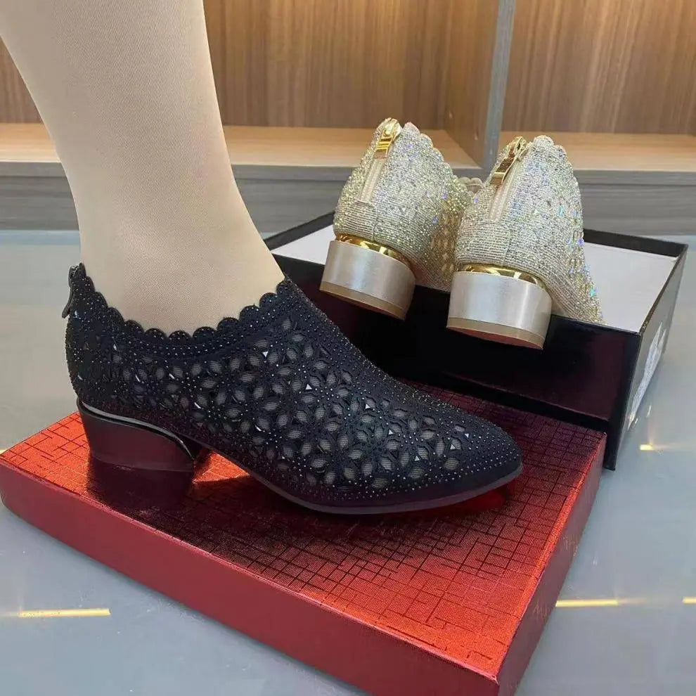 Women’s Autumn Mesh Sparkle Thick-Heel Slip-On Shoes