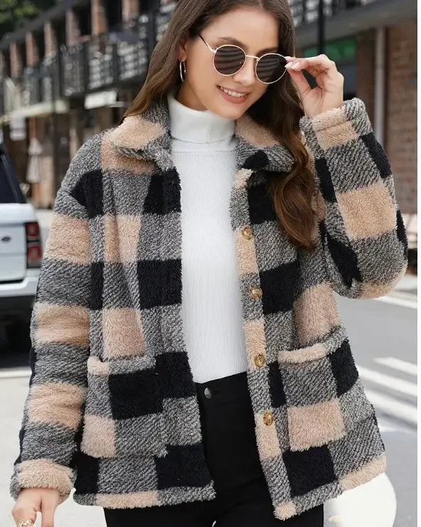 Women’s Checkered Plush Button-Up Jacket