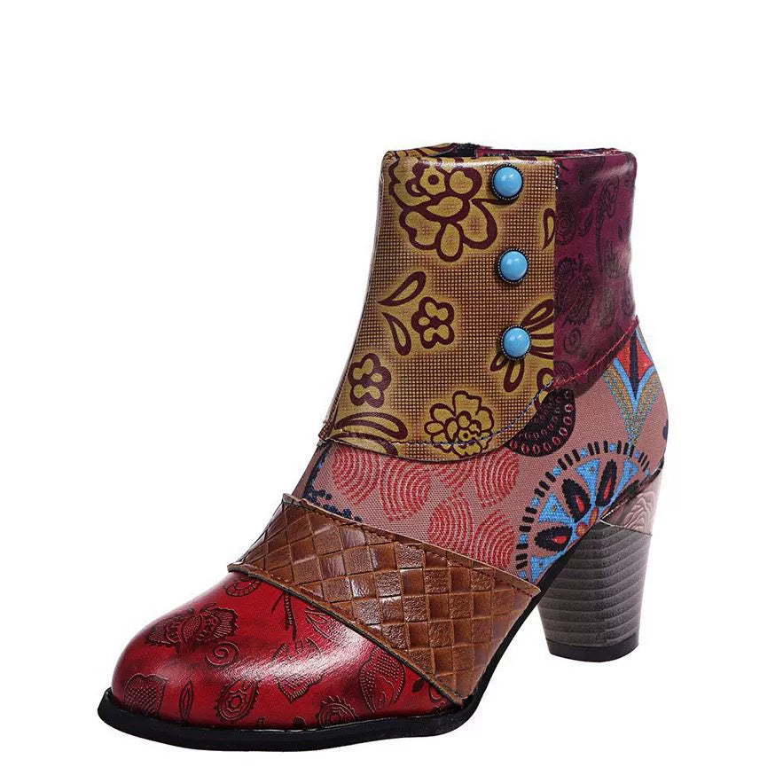 Women’s Patchwork Print Side Zip Ankle Boots