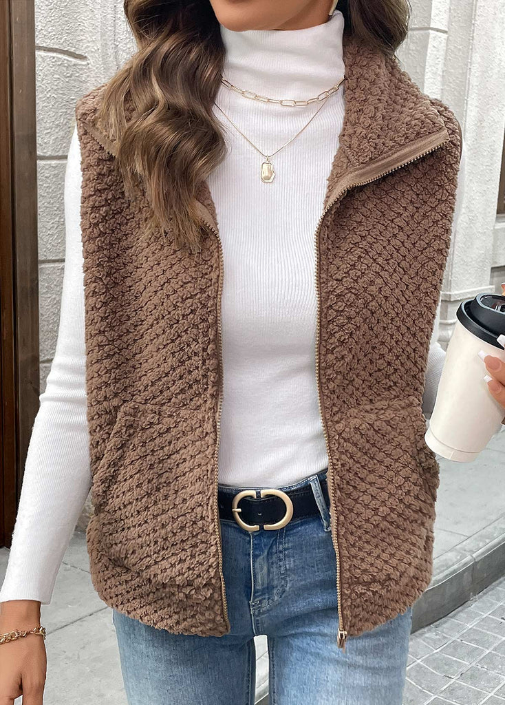 Women’s Dark Coffee Teddy Fleece Zip Gilet with Pockets