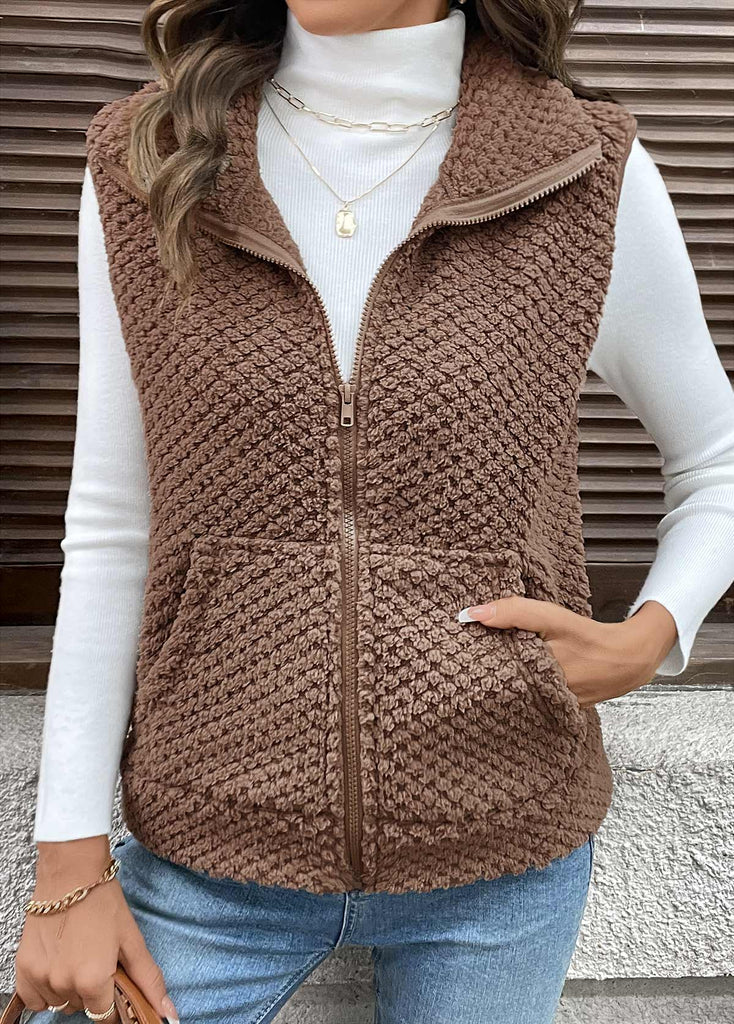 Women’s Dark Coffee Teddy Fleece Zip Gilet with Pockets