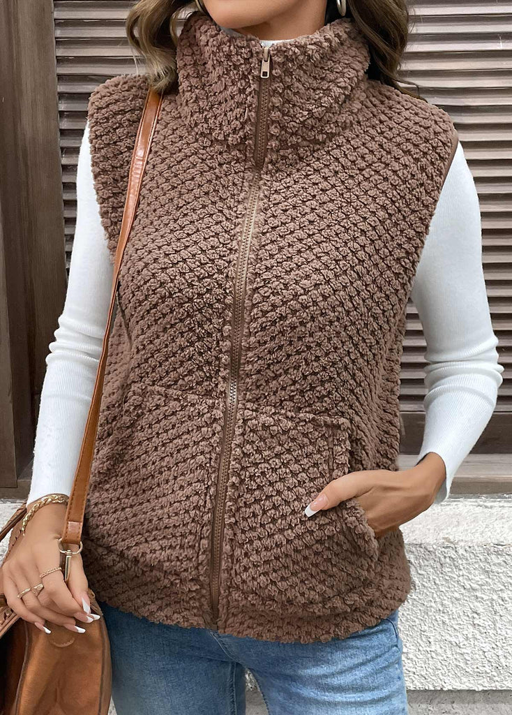 Women’s Dark Coffee Teddy Fleece Zip Gilet with Pockets
