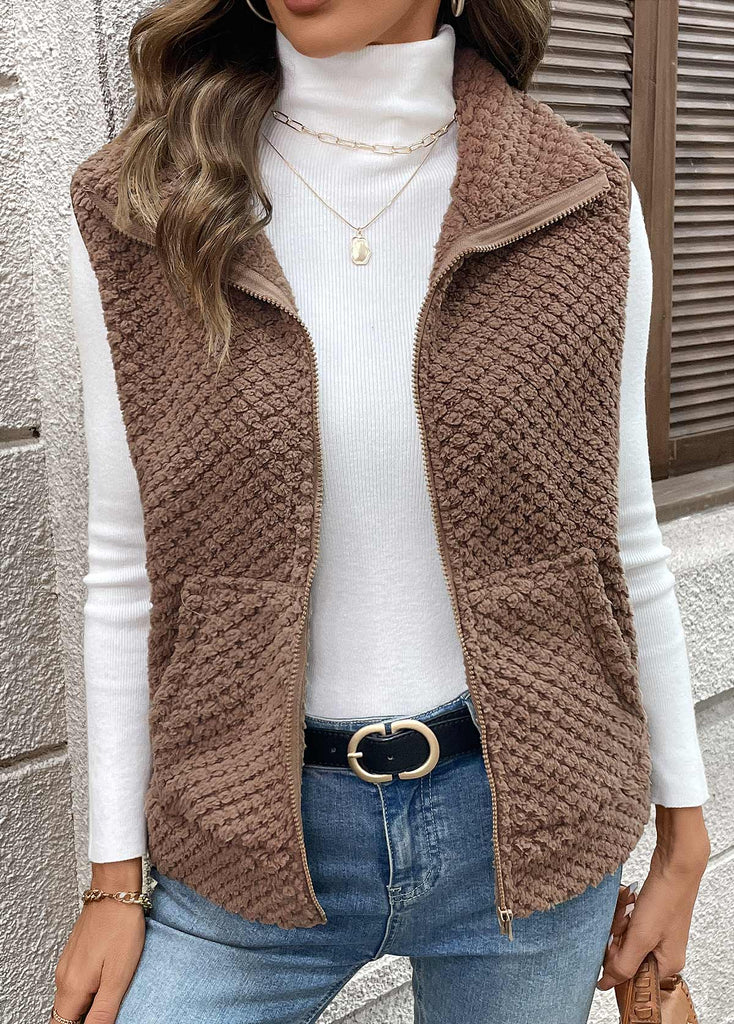 Women’s Dark Coffee Teddy Fleece Zip Gilet with Pockets