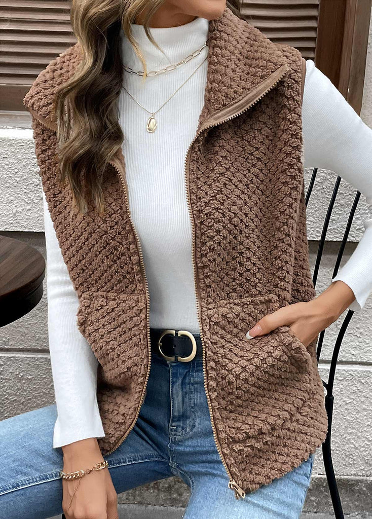 Women’s Dark Coffee Teddy Fleece Zip Gilet with Pockets