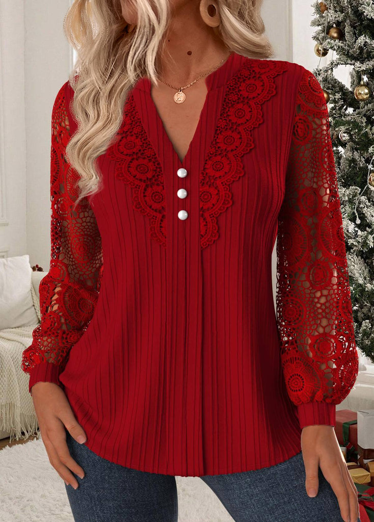 Women’s Lace Sleeve Split-Neck Ribbed Blouse
