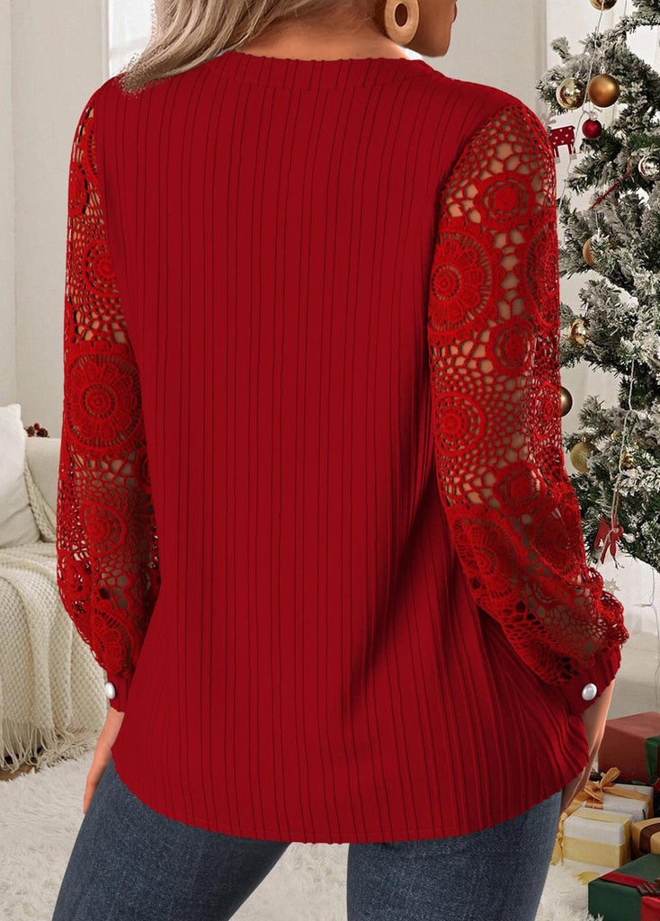 Women’s Lace Sleeve Split-Neck Ribbed Blouse
