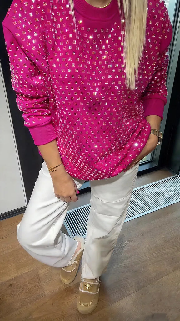 Women’s All-Over Rhinestone Crew Neck Casual Sweatshirt