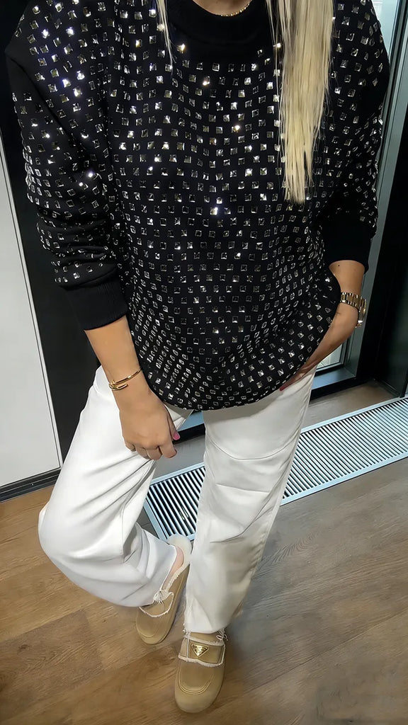 Women’s All-Over Rhinestone Crew Neck Casual Sweatshirt